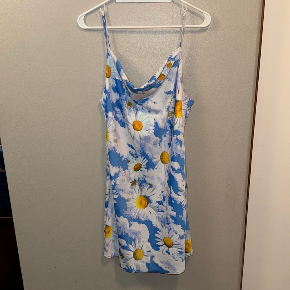 Urban Outfitters Cowl Neck Slip Dress Blue Sunflowers Size Large